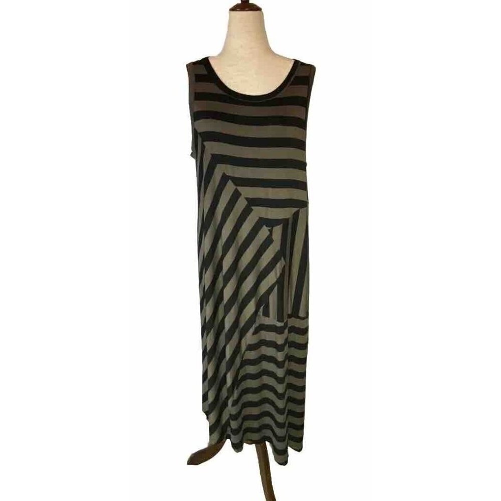 COMFY USA Striped Geometric Midi Dress Brown Black Neutral Tank Lagenlook Sz M